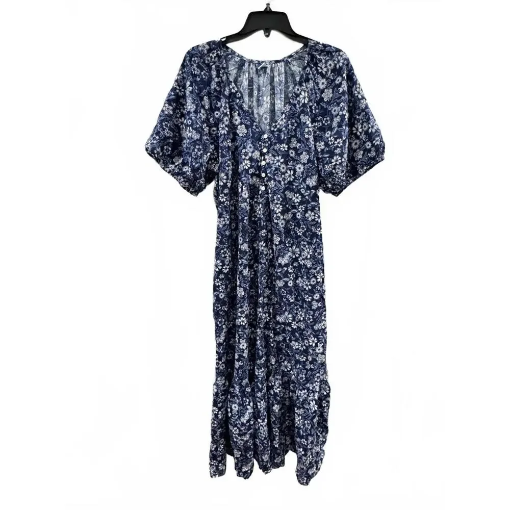 Old Navy Blue Floral Print Puff Sleeve All-Day Spring Long Maxi Dress- Size XL - Picture 3 of 9